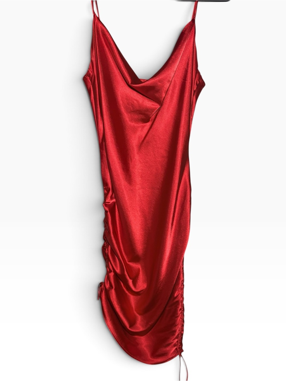 Midnight Doll Red Satin Cowl Neck Ruched Mini Dress
